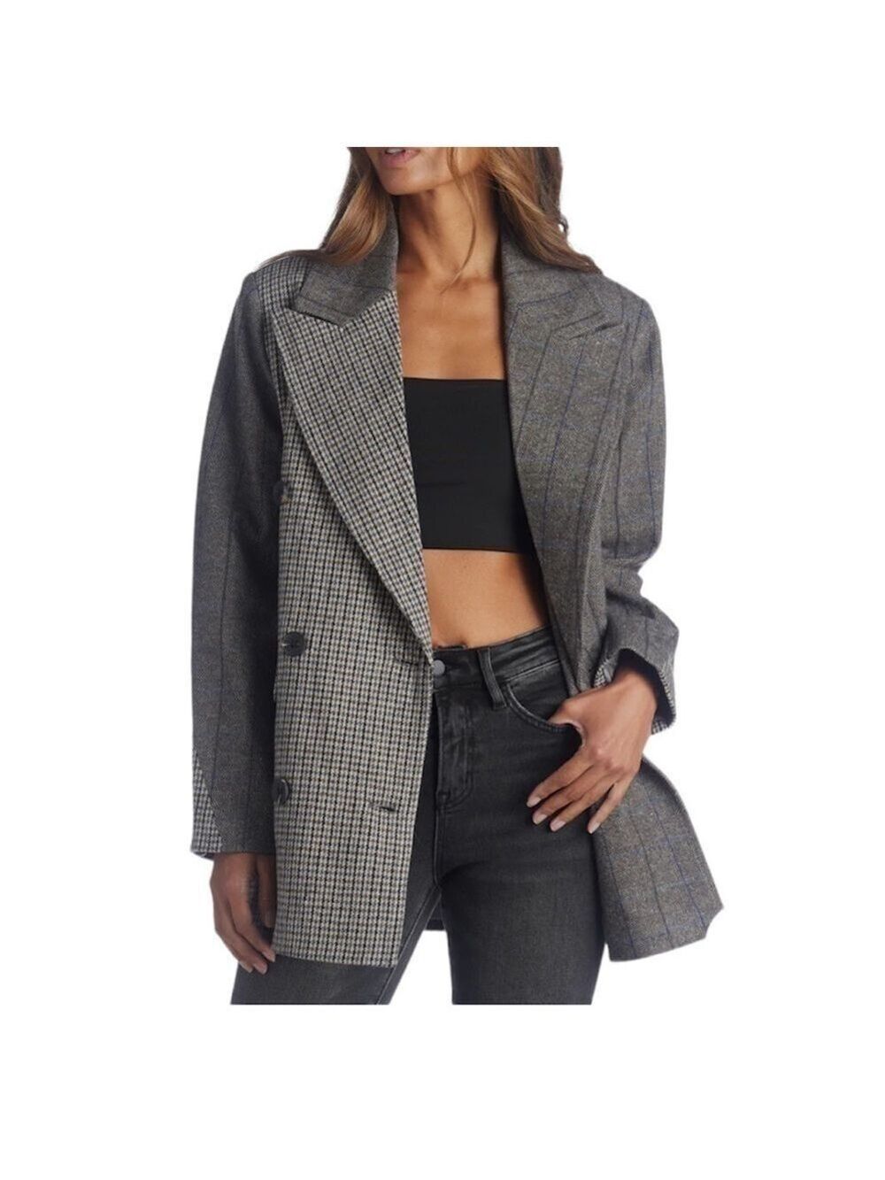 𝅺7 For All Mankind Women Mixed Pattern Double Breasted Plaid Blazer Wool Sz M